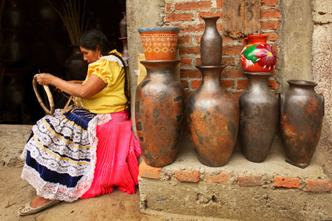 Purepecha Woman and Clay Pots in Cocucho, Michoacan, Mexico