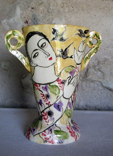 Woman with black birds vase by Jessie Mooy