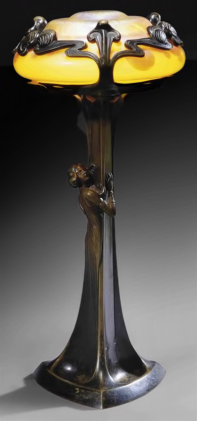 Art Nouveau figural table lamp bronze base with yellow glass and standing female figure