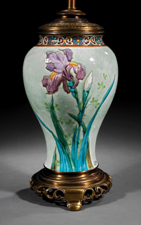 Félix Optat Milet Barbotine-Majolica-table lamp orchid decoration