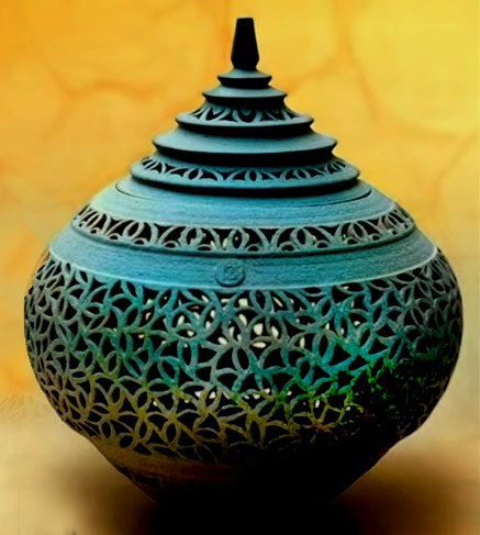 Carved ceramic pot with lid -toni-medalla