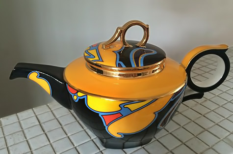 Art-Deco-teapot orange,black,yellow and blue