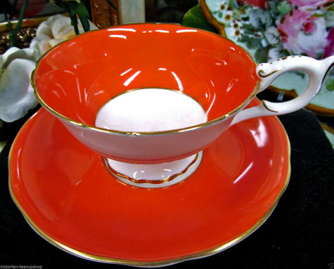 COALPORT-retro-orange-TEA-CUP-AND-SAUCER-fancy-design-teacup-gold-gilt