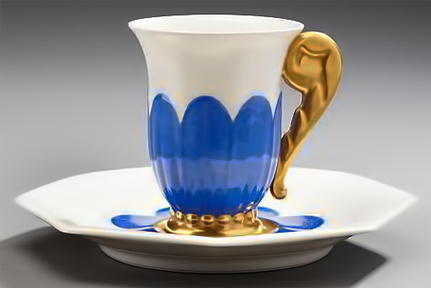 Cup flared on a pedestal-and-saucer-octagonal-white-porcelain-decorated-with-blue-flowers-accented-with-gold-1925
