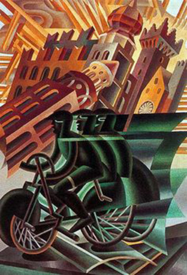 Fortunato Depero-(1892-1960)-–-Le cycliste traverse la ville-(1945) futurist painting of cyclists