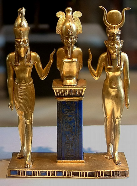Osiris on a lapis lazuli pillar in the middle, flanked by Horus on the left, and Isis on the right, 22nd dynasty, Louvre