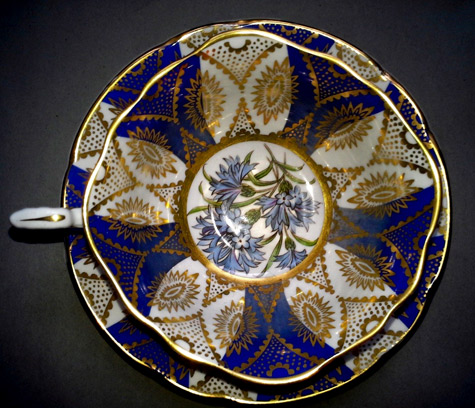 Paragon-China-Tea-Cup-&-Saucer-Floral-Center-Gold-Encrusted-on-Blue