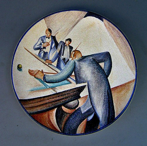 Piatto-biliardo Tullio Mazzotti, Albisola dish showing three men playing billiards in futurist style