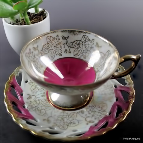Pink-Lusterware-Gold-Pedestal-China-Japan-Tea-Cup-Reticulated-Saucer-Set