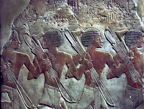 ReliefTemple18dynasty Medja Temple Relief Nubia - four Nubian warriors