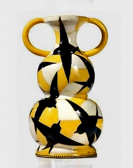 Vaso-Volo-di-Uccelli-par-Tullio-Mazzotti vase with flying black birds on yellow and white