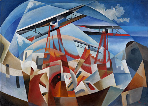 futurism-Tullio-Crali-1932-Bombardamento-Aero - bi planes on a bombing raid