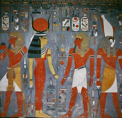 wall-painting-in-the-tomb-of-Horemheb.-The-goddess-Hathor-Isis-faces-the-pharaoh.-The-god-Harsiese-is-on-the-right.