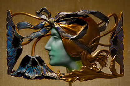 Lalique face hairpin in enamel and gold
