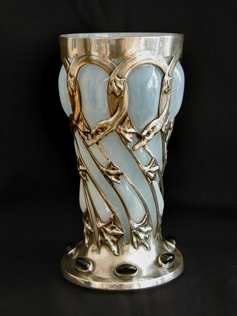 Opalescent Art Nouveau glass vase with sliver casing 