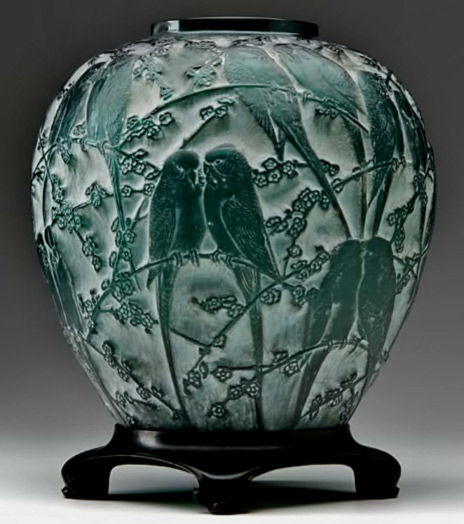 Lalique Perruches vase of teal glass with white patina, c. 1919