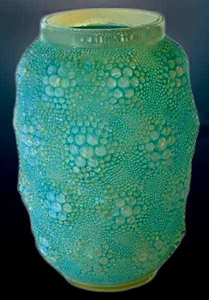 original-Rene-Lalique---'Davos',-opalescent-art-glass-vase,-1932.-hot-glue-dots-with-dry-brush-paint-overlay,-then-spray-sealer