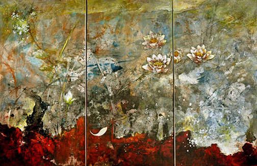 Zhou Xiaoping 3 panel art of water lillies