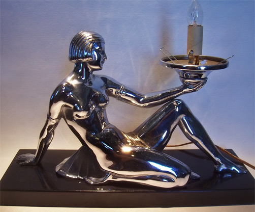 ART-DECO-EGYPTIAN-REVIVAL-FEMALE-NUDE-LAMP-CHROME-FIGURE-ON-MARBLE-BASE