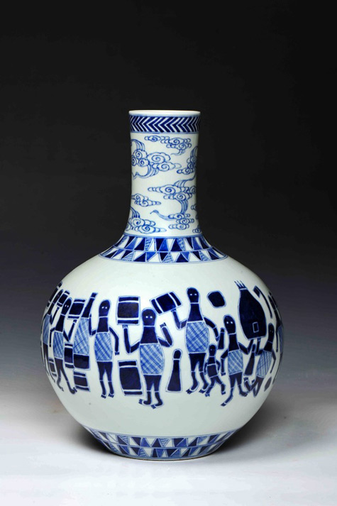 Blue-and-White-Bottle-Vasewith-design-from-painting-by-John-Bulunbulun37cm