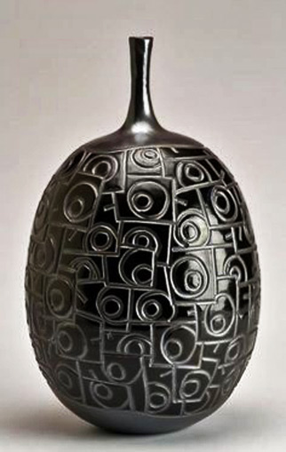 Boyan-Moskov carved black ceramic bottle