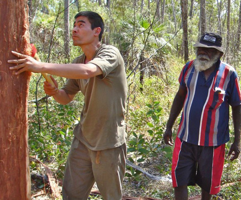 Central Australia - Zhou Xiaoping selecting bark for painting with John Bulunbulun