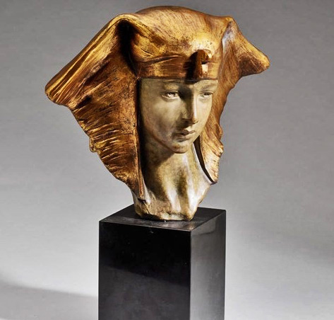'Egyptian-Queen',-gilt-terracotta-bust-of-a-woman-wearing-an-Egyptian-nemes-style-headdress,-circa-1925.-G.Caspi,-Belgium