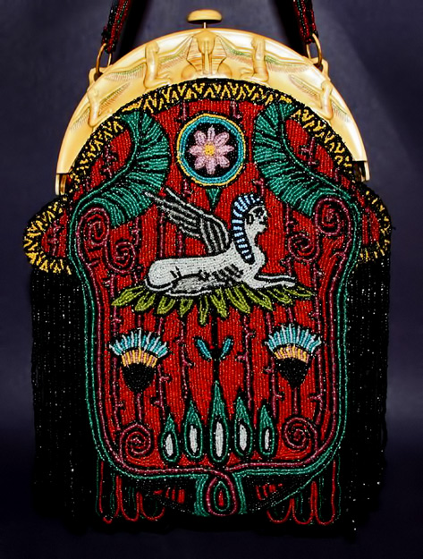 Egyptian-Revival-beaded-bag-with-celluloid-frame and spinx motif