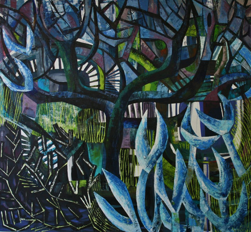 Kate_Elsey_Fridas_Garden_2014_oil_on_linen_abstract forest in blues, greens and purples