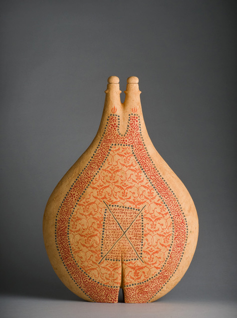 Nadiir VI, 2012. Avital Sheffer. Hand formed, glazed and printed, multiple fired earthenware clay. 55H vessel