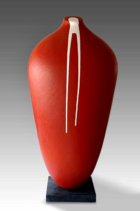 Patricia-Volk red sculptural vessel with white drip glaze streaks