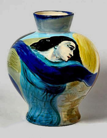 Ralph-Eberlein--female motif vase blue, yellow, black and white