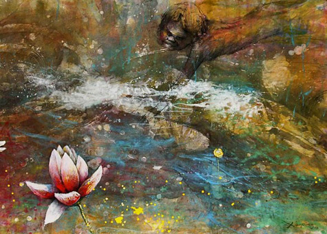 Zhou Xiaoping painting pink lotus and indigenous Australian 