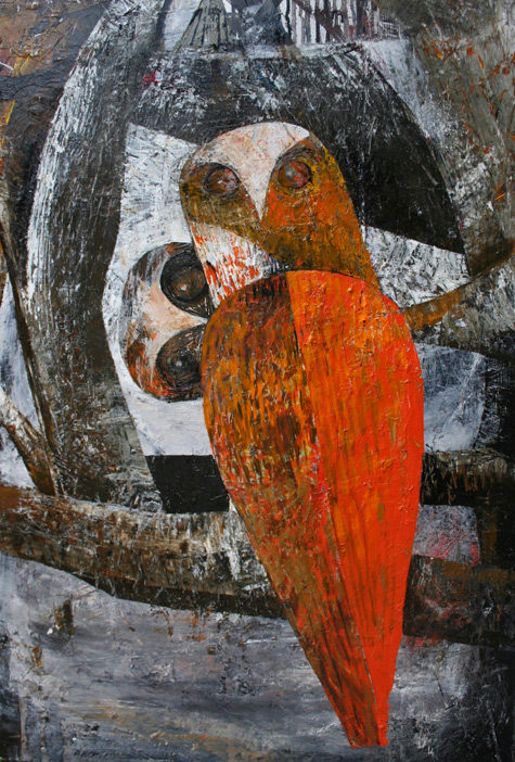 Two Rufus Owls - Kate Elsey - abstract owls on a tree branch