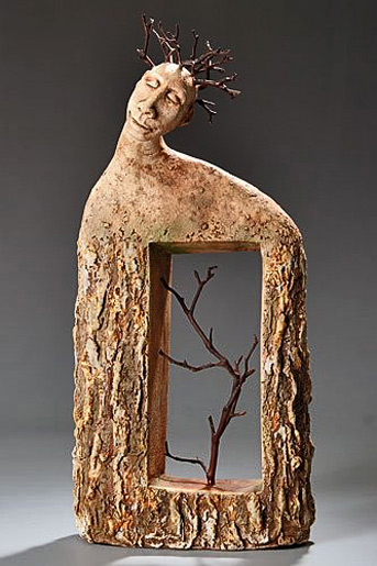 Arborist-15x7x3 Roelna Louw ceramic scuulpture - abstract body with tree encased in a window