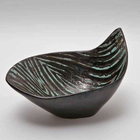 Free-Form-Ceramic-Bowl-Signed-by-Roger-Capron in green stripes on black