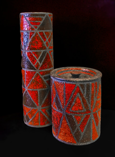 Mid-Century-Italy-gave-us-this-fantastic-pair-of-Aldo-Londi-for-Bitossi-vessels---a-cylindrical-vase-with-a-grey-glazed-interior-and-a-lidded-jar End Of History NY.