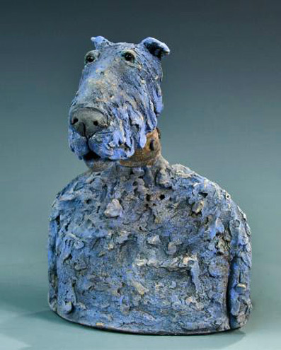 Woof-15 Bloo Ceramic dog bust by Roelna Louw