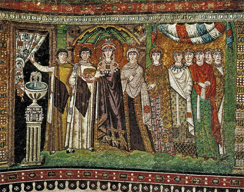 Empress-Theodora-With-Her-Court.-Ca-by-Everett-Empress-Theodora-with-her-court.-ca.-547.-ITALY.-Ravenna.-San-Vitale.-Early-Byzantine-art.-Mosaic
