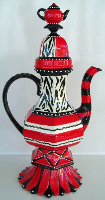 Found on cybillceramics.com large red, white and black teapot
