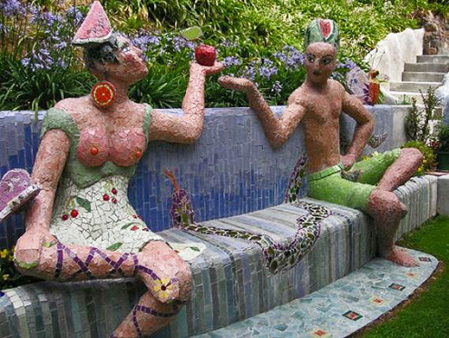Mosaic-Sculpture-Garden---Linton,-New-Zealand Adam and Eve mosaic sculpture
