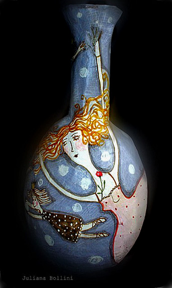Vaso long neck with gold hair lady motif - Juliana Bollini
