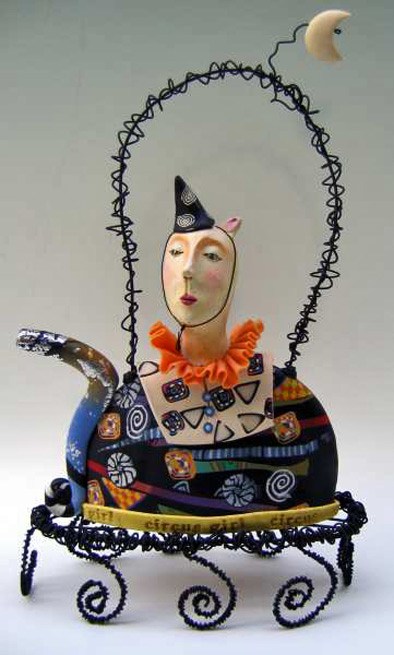 Laura-Balombini--ceramic and wire teapot with clown head lid
