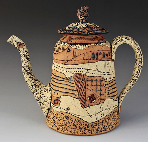 ripped-stoneware-teapot Elaine Pinkernell with patchwork appearance