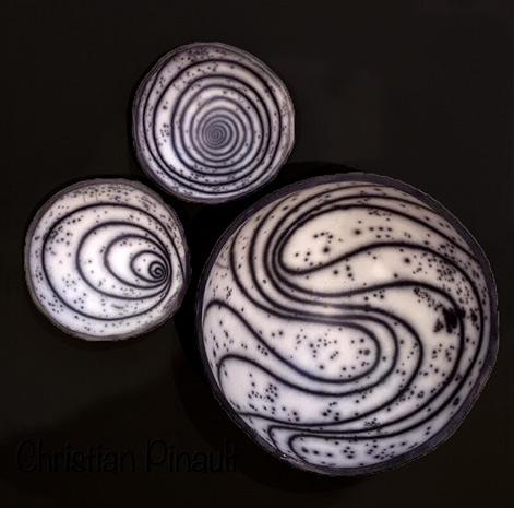 Christian-Pinault-three raku bowls in black and white
