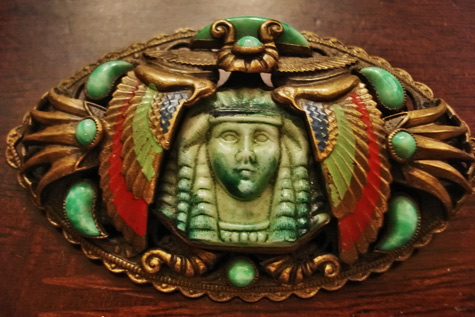 Egyptian-revival-brooch - enamel, metal, turquoise