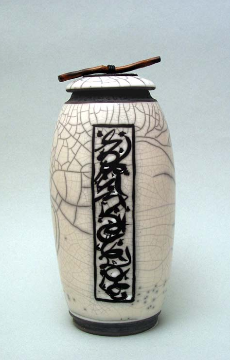 Lidded raku jar with wooden branch handle - Sylvie Godart