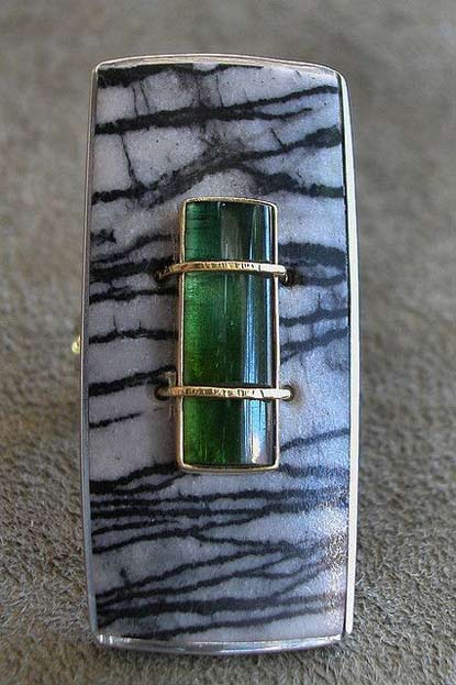 --Michael-Boyd-contemporary-brooch raku ceramic with green gemstone and sliver