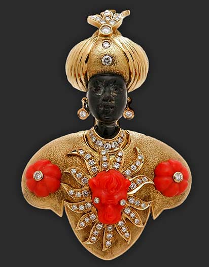 coral-diamond-gold-blackamoor-brooch nardi-large-gem-set-onyx-coral-diamond-gold-blackamoor-brooch