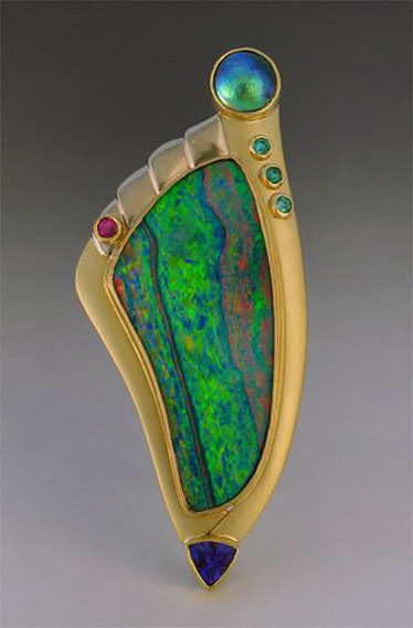 Opal-pin-with-abalone,-tanzanite,-pariaba,-spinel,-and-diamonds---Patrick-Murphy